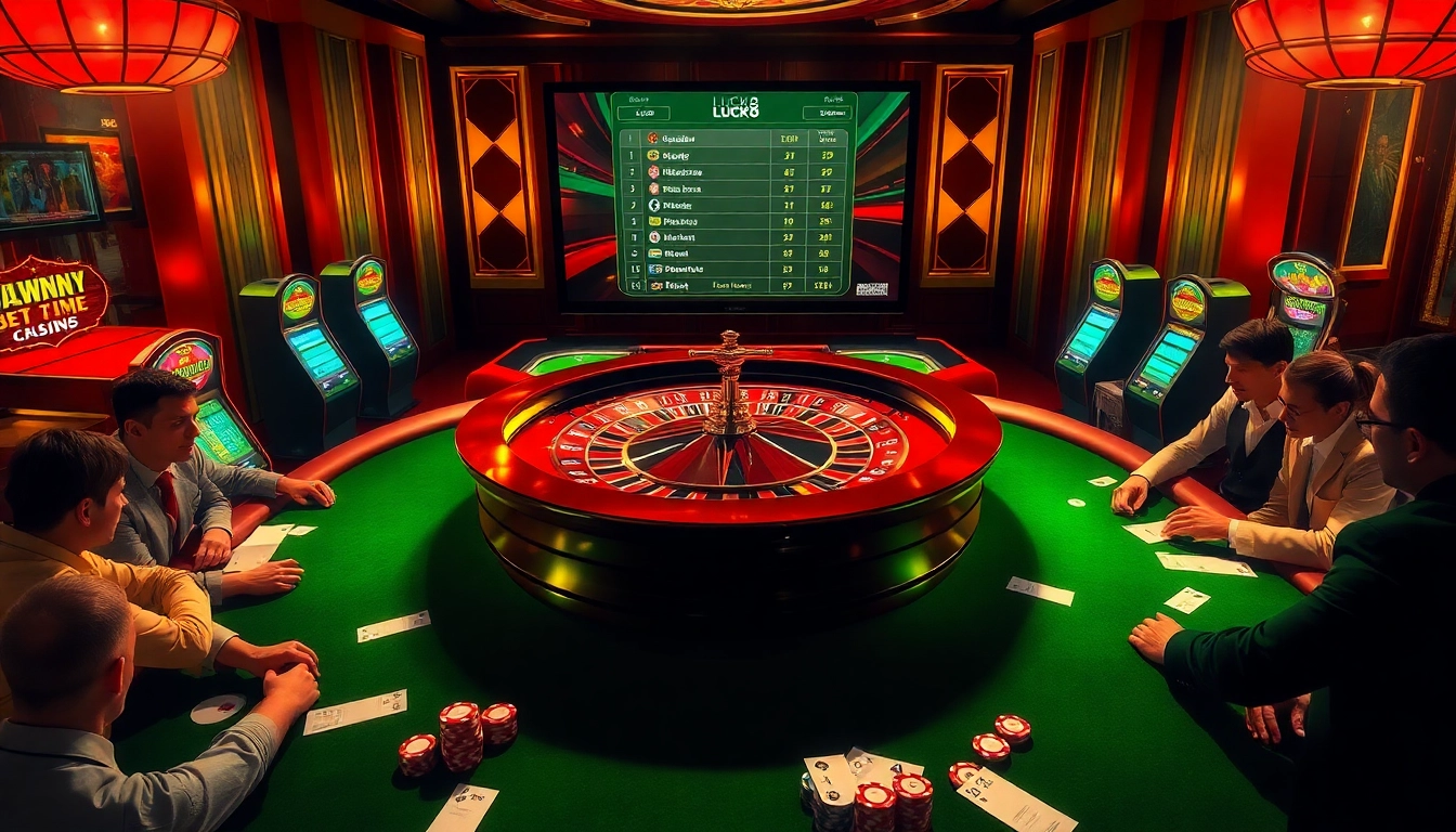 Players engaging in a thrilling game at Luck8 casino with vibrant poker chips and roulette wheel.