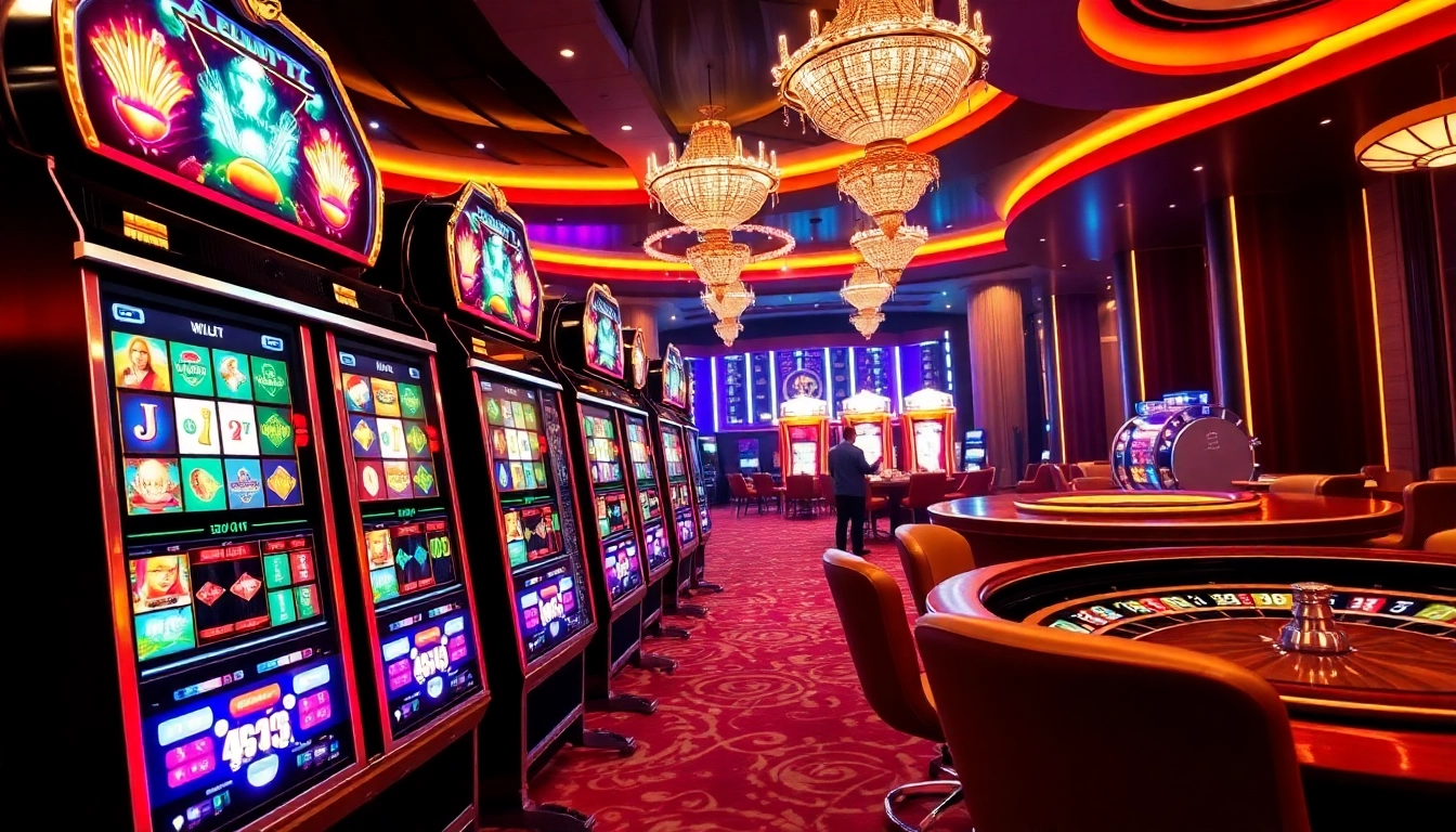 Pemain slot menikmati aksi cepat di mesin slot modern dalam suasana kasino yang semarak.