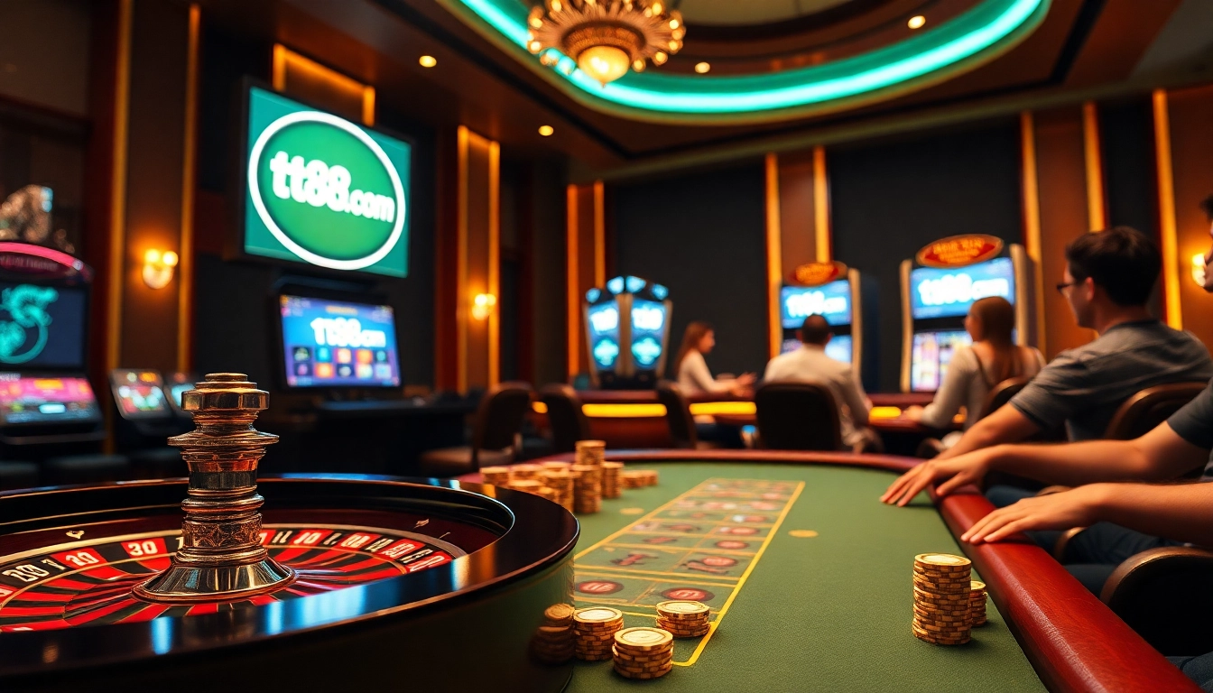 Players enjoying a winning moment at tt88.com casino, featuring a roulette wheel and poker chips.