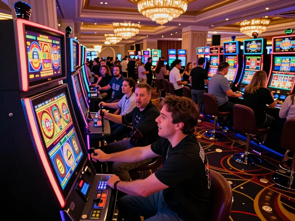 Player celebrating a win at FC88 slot machine in a vibrant Vegas casino, surrounded by excited gamblers.