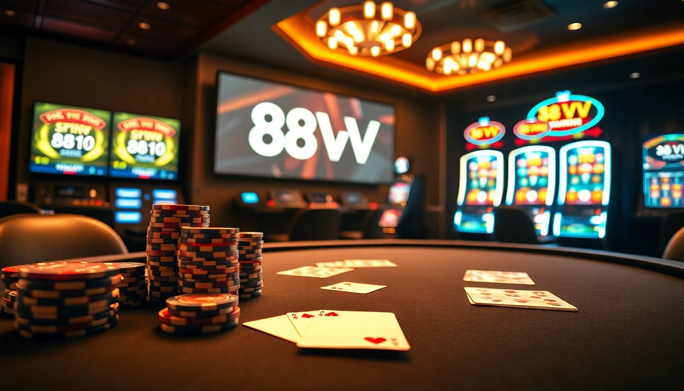 Experience the thrill of 88VV with a dazzling casino scene showcasing vibrant slot machines and poker tables.