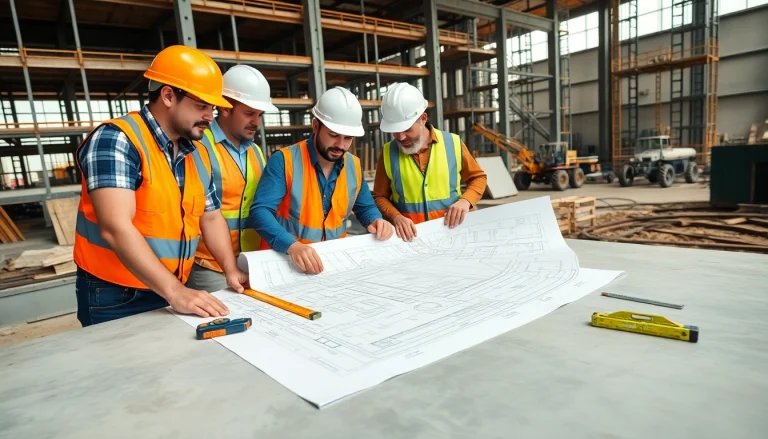 Construction member organization team collaborating on a project with blueprints in a vibrant setting