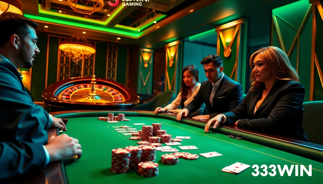 High-stakes poker action showcasing 33WIN branding in a luxurious casino atmosphere.